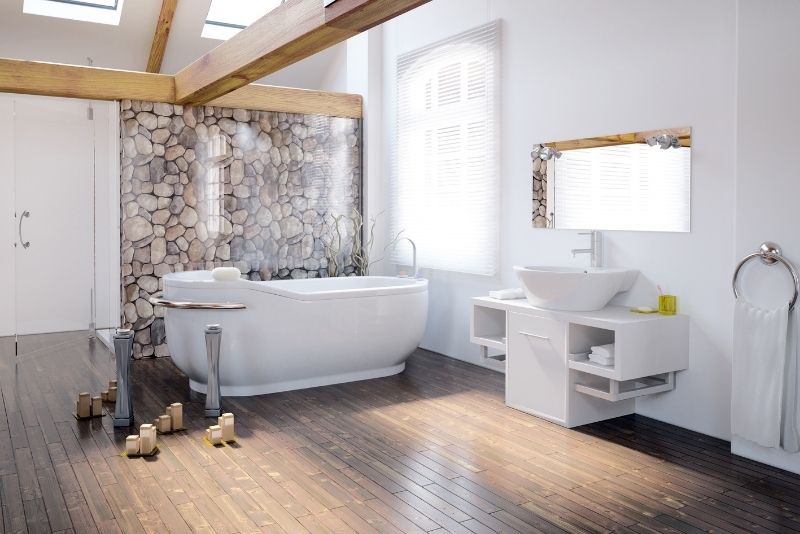 stylish bathroom renovation idea with bathroom vanity and bath tub