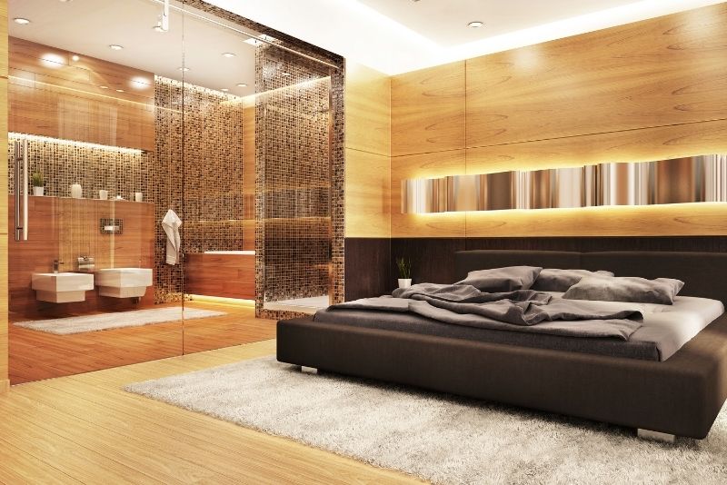huge size black bed and ensuite crystal bathroom