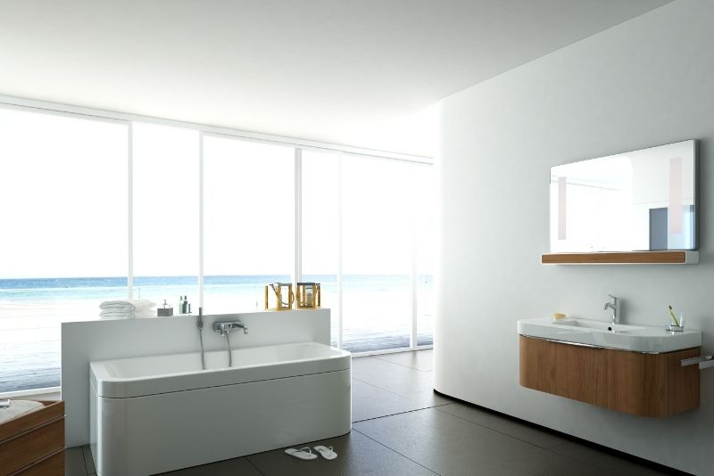 bright bathroom area with crystal window