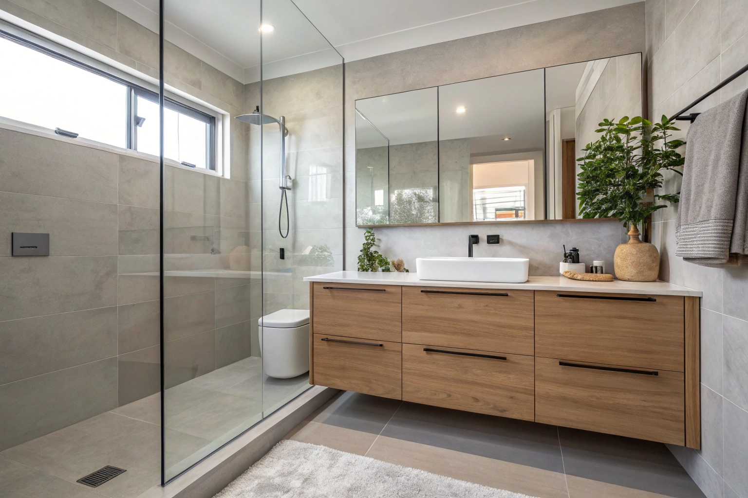 Modern ensuite renovation in Newcastle featuring frameless shower and floating timber vanity