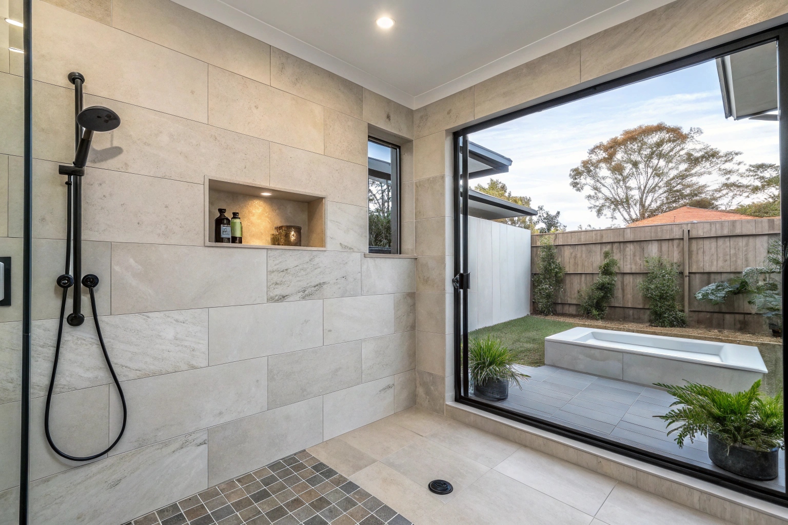 Modern walk-in shower installation in Newcastle bathroom renovation with stone-look tiles and black fixtures