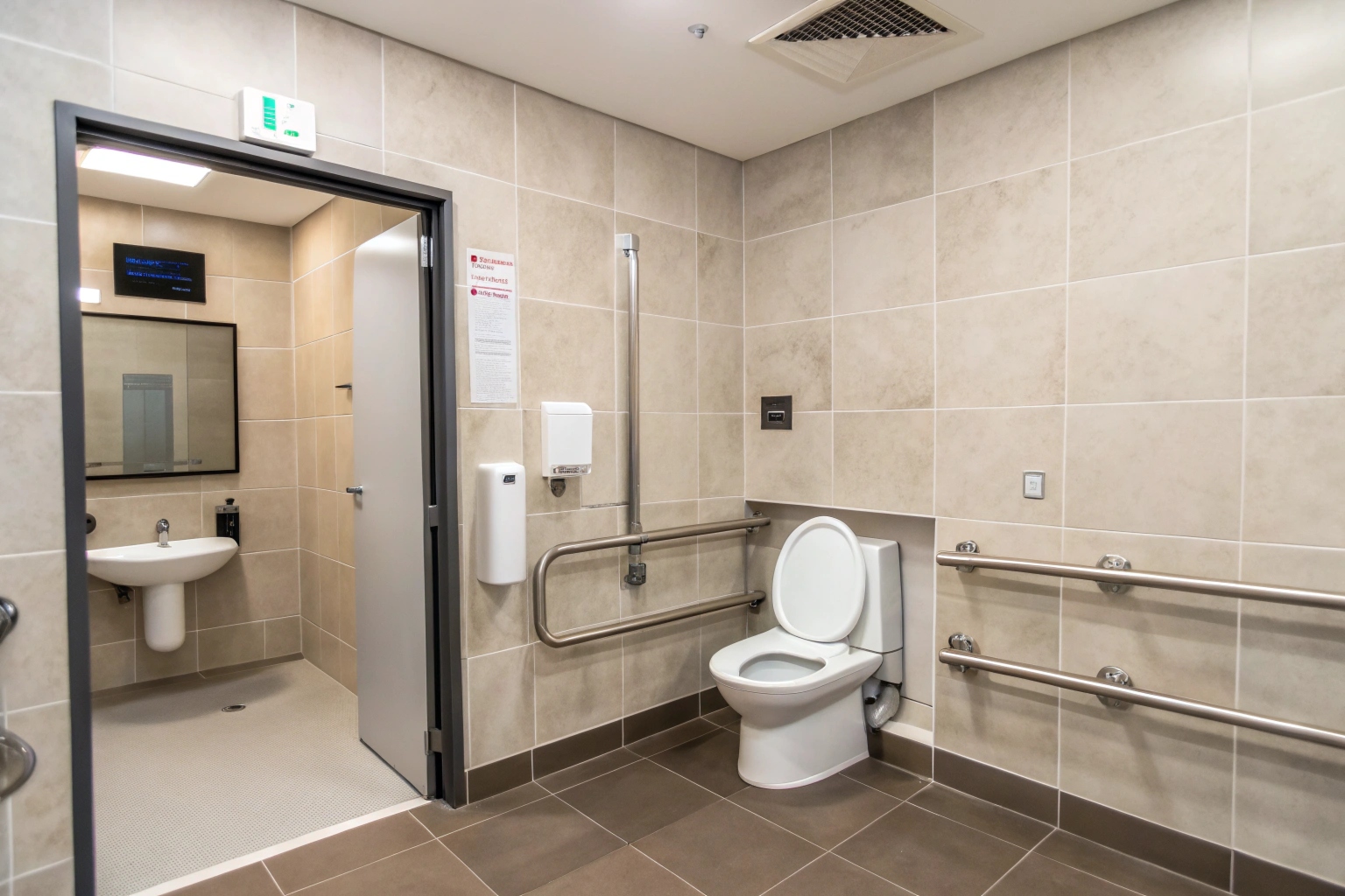 Accessible commercial bathroom renovation with grab rails and compliant layout Newcastle