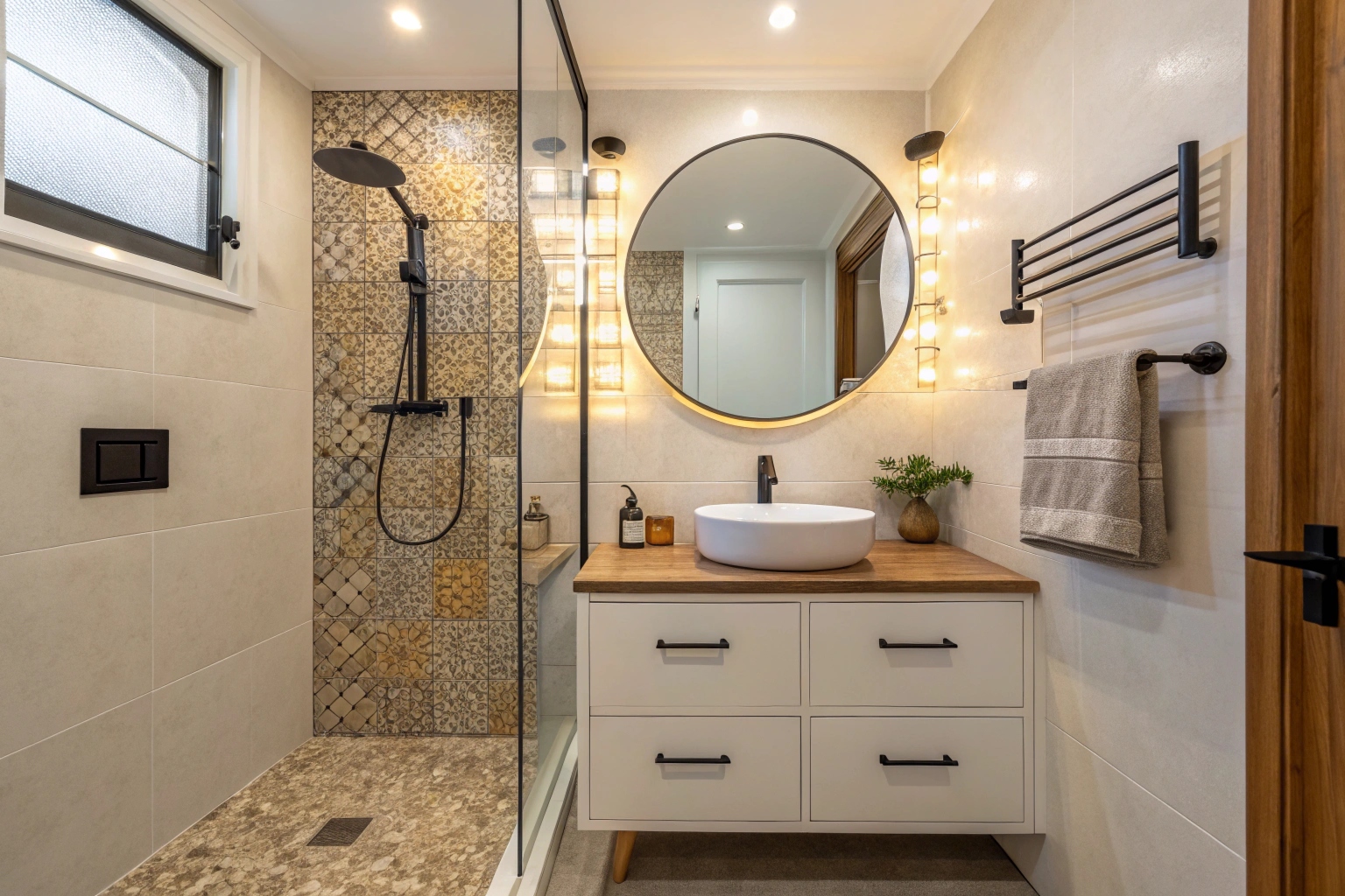 Compact ensuite renovation with frameless shower screen and matte black fixtures in Newcastle home