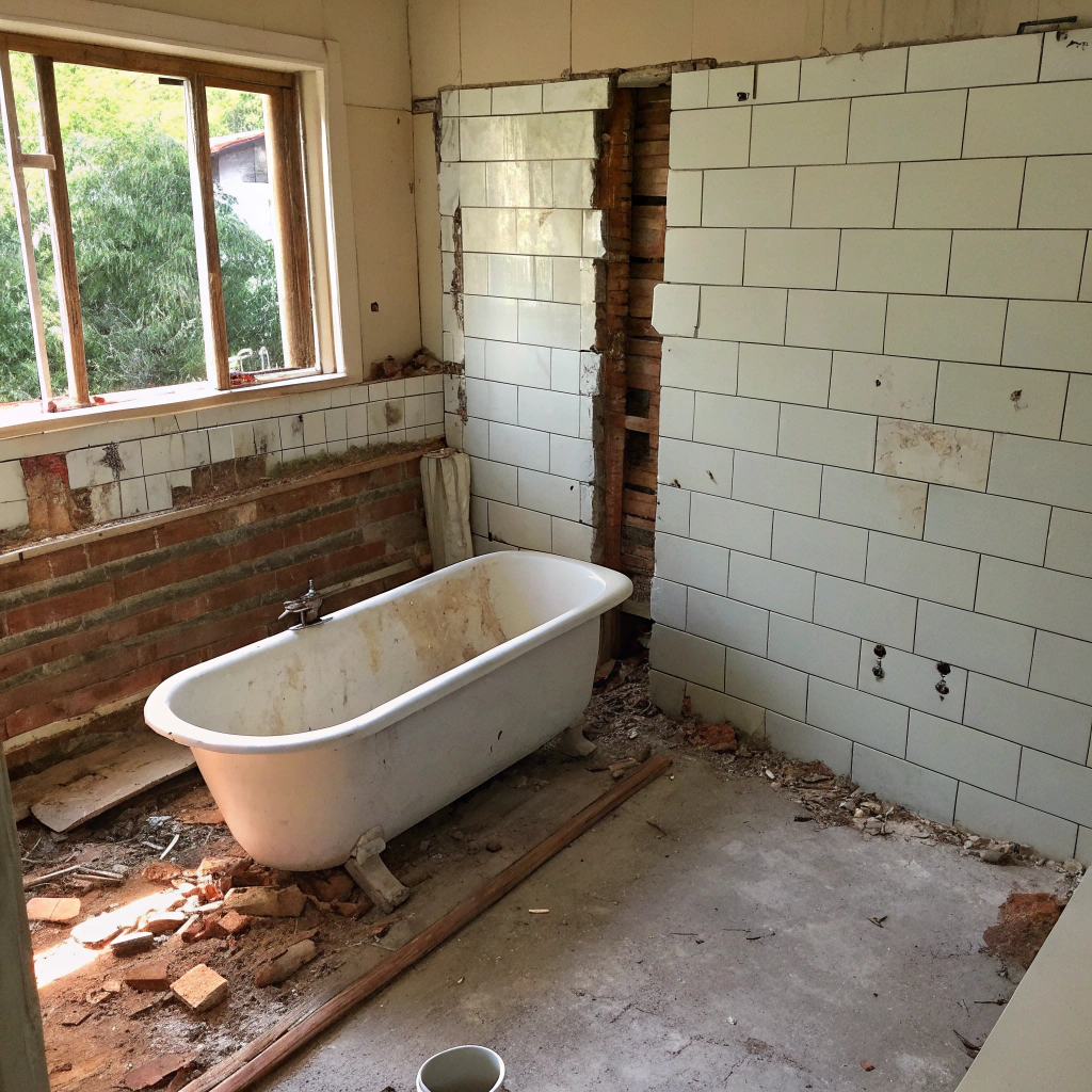 Bathroom demolition in progress showing removed tiles and fixtures in Newcastle home