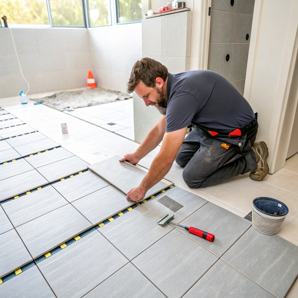 porcelain floor tiles being laid in Newcastle bathroom