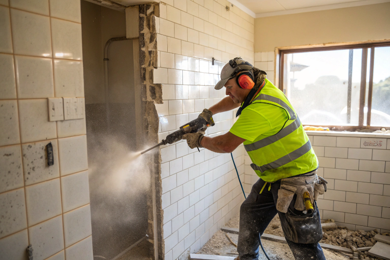 Professional tradesperson safely removing bathroom tiles during demolition in Newcastle
