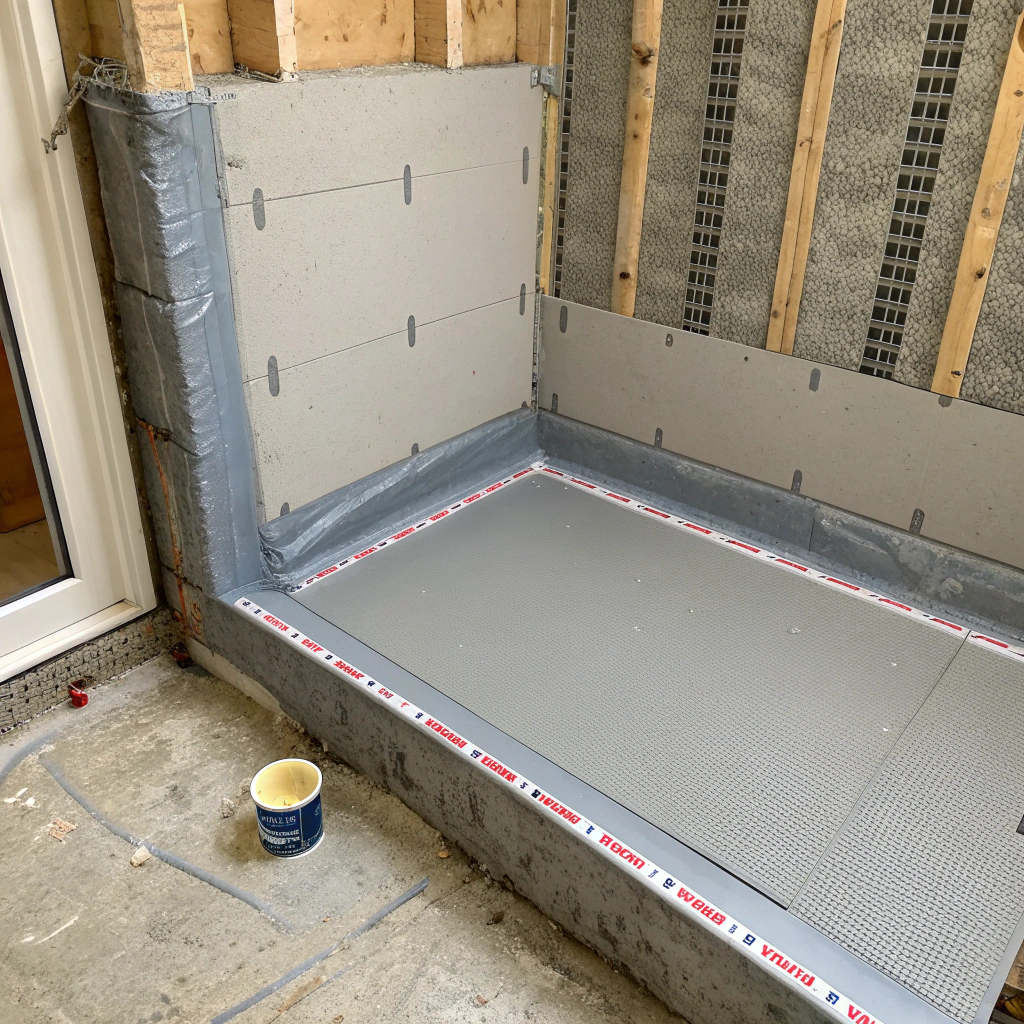 Waterproofing membrane applied across shower recess floor and walls with reinforcement at corners