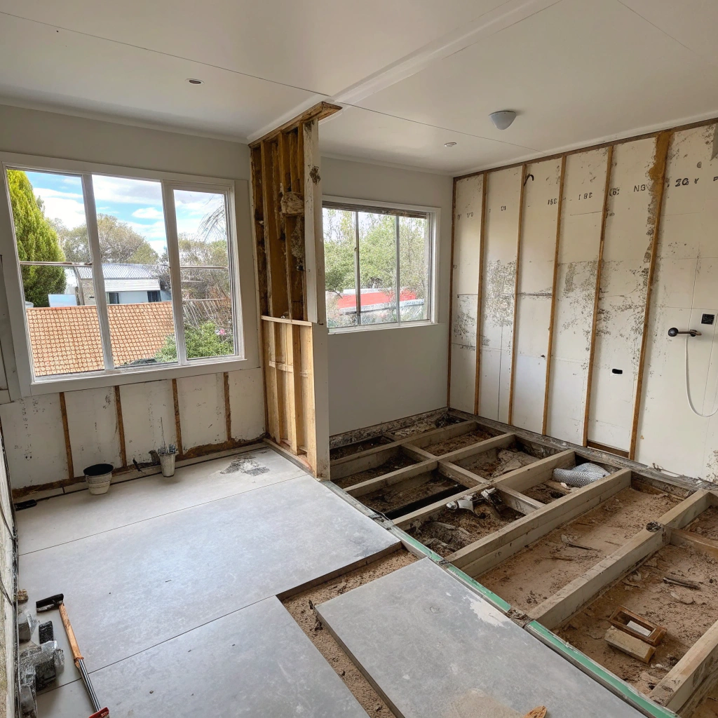 Completely demolished Newcastle bathroom stripped to bare studs and subfloor ready for renovation
