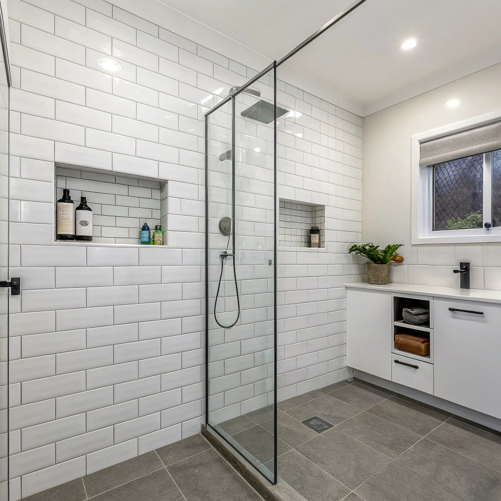 Walk-in shower installation with frameless glass screen and built-in storage niche in Newcastle bathroom