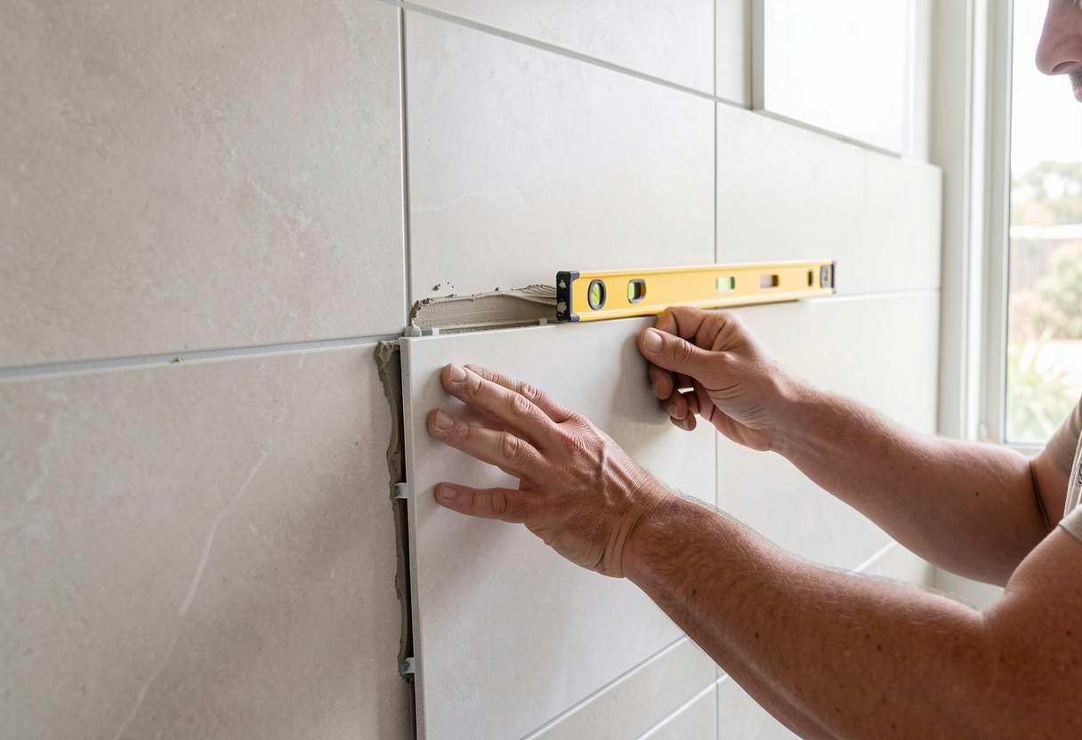 professional tiler carefully laying large format porcelain tiles