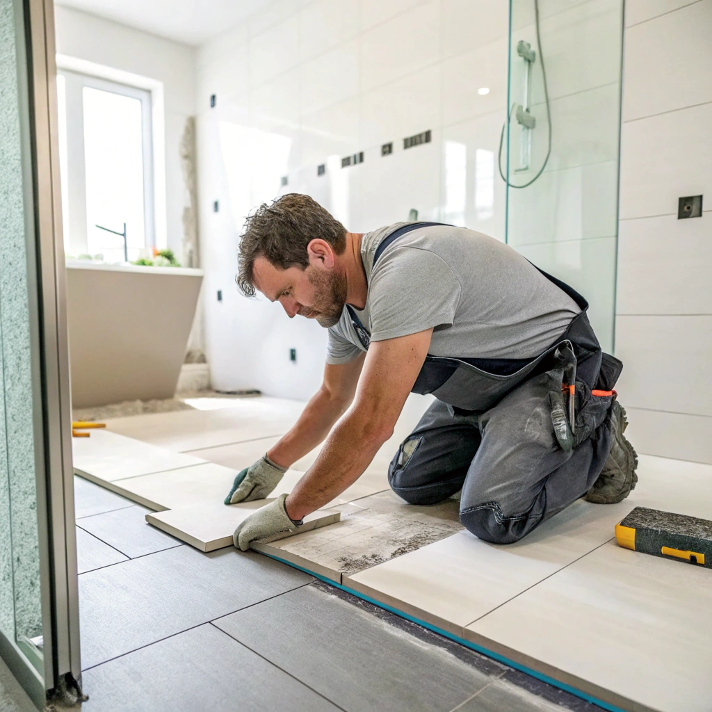 Professional shower tile installation in Newcastle bathroom recess with large format porcelain tiles