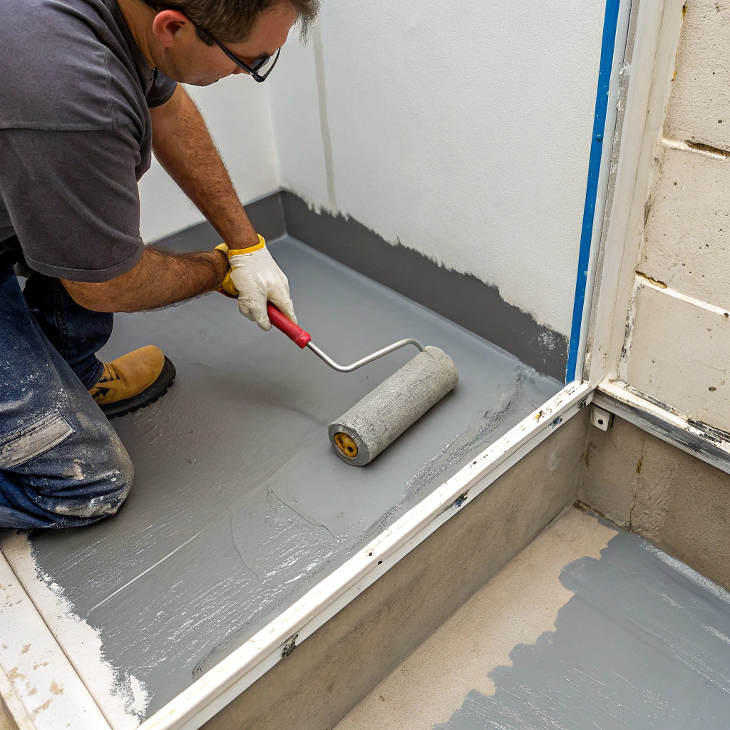 Waterproofing membrane being applied to shower recess walls before tiling in Newcastle bathroom